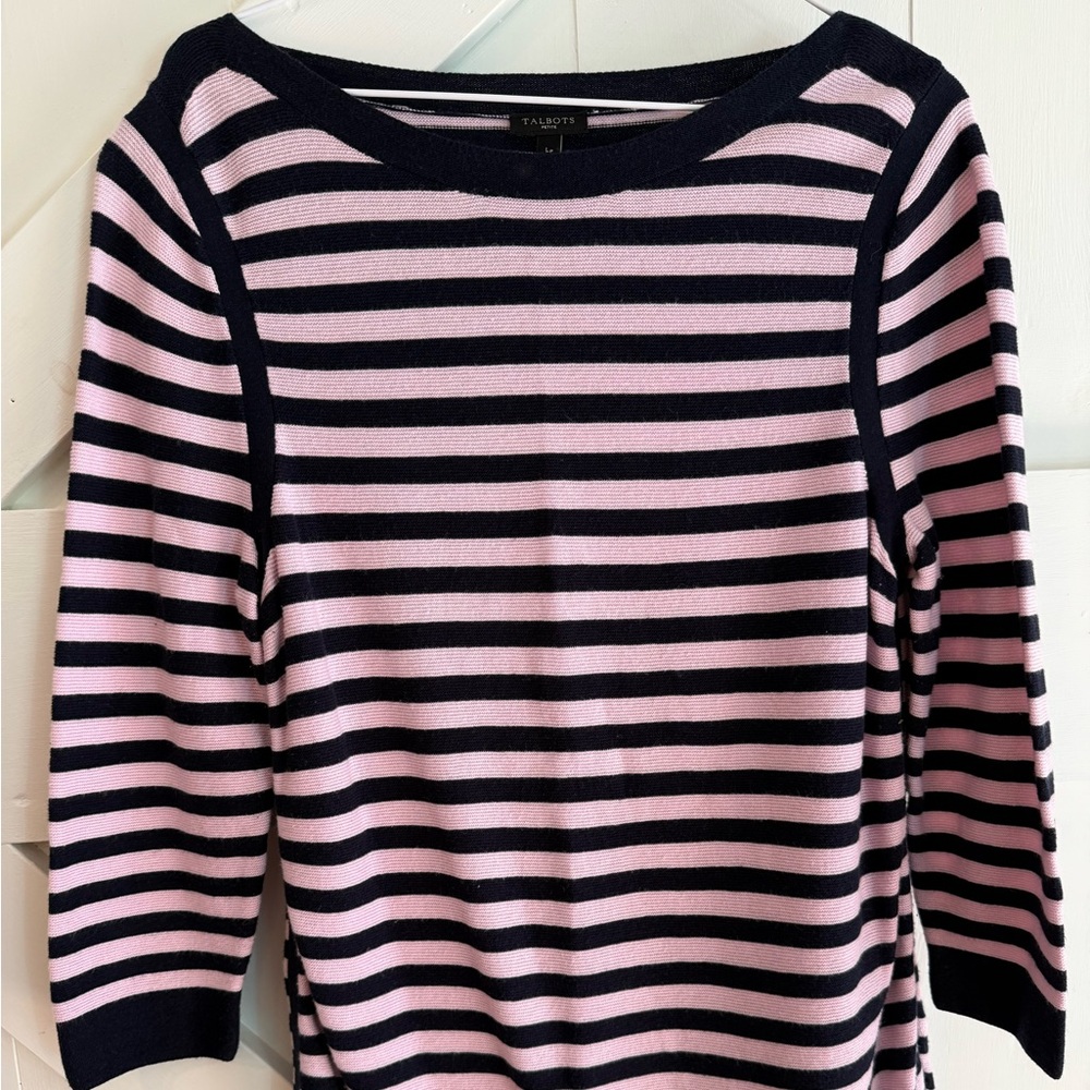 Talbots‎ Light Pink/Navy Link Stitch Boat Neck Striped Sweater Large Petite